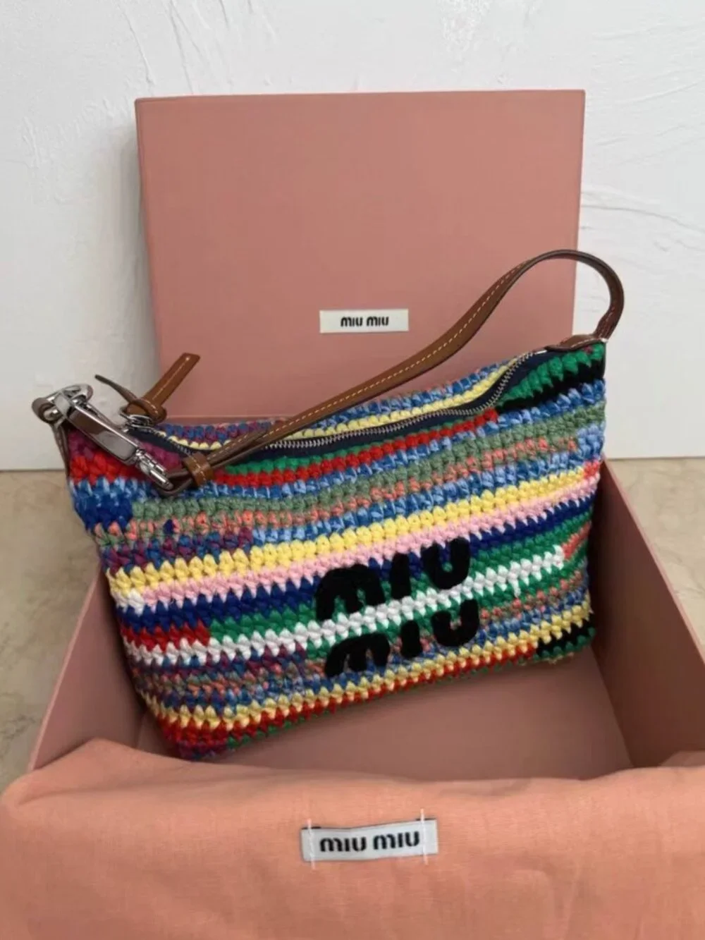 Miu Miu Rainbow Striped Hand Crochet Leather Strap Zip Hobo Shoulder Bag